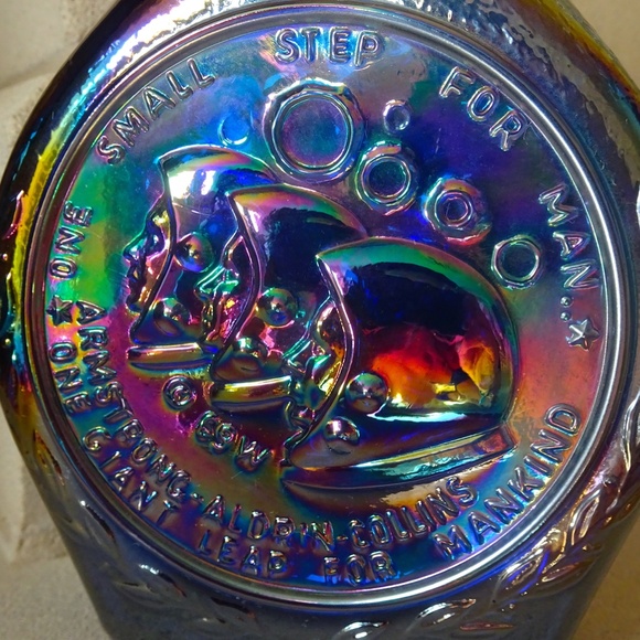 Vintage Apollo 11 1969 NASA Astronauts Moon Landing Cobalt Carnival Glass Bottle - Picture 2 of 8